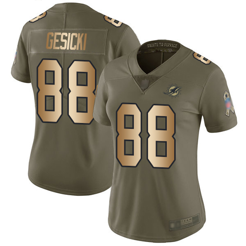 Dolphins #88 Mike Gesicki Olive/Gold Women's Stitched Limited 2017 Salute To Service Jersey