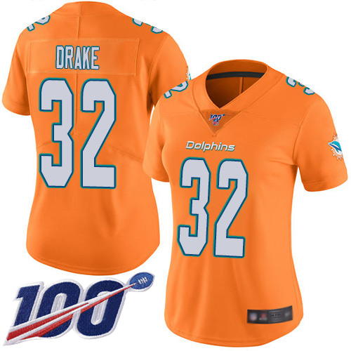 Miami Dolphins #32 Kenyan Drake Orange Women's Stitched Limited Rush 100th Season Jersey Womens