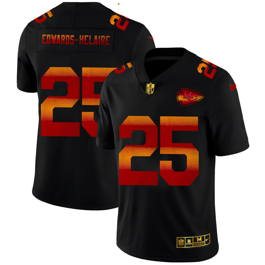 Kansas City Chiefs #25 Clyde Edwards-Helaire Men's Black Red Orange Stripe Vapor Limited Jersey