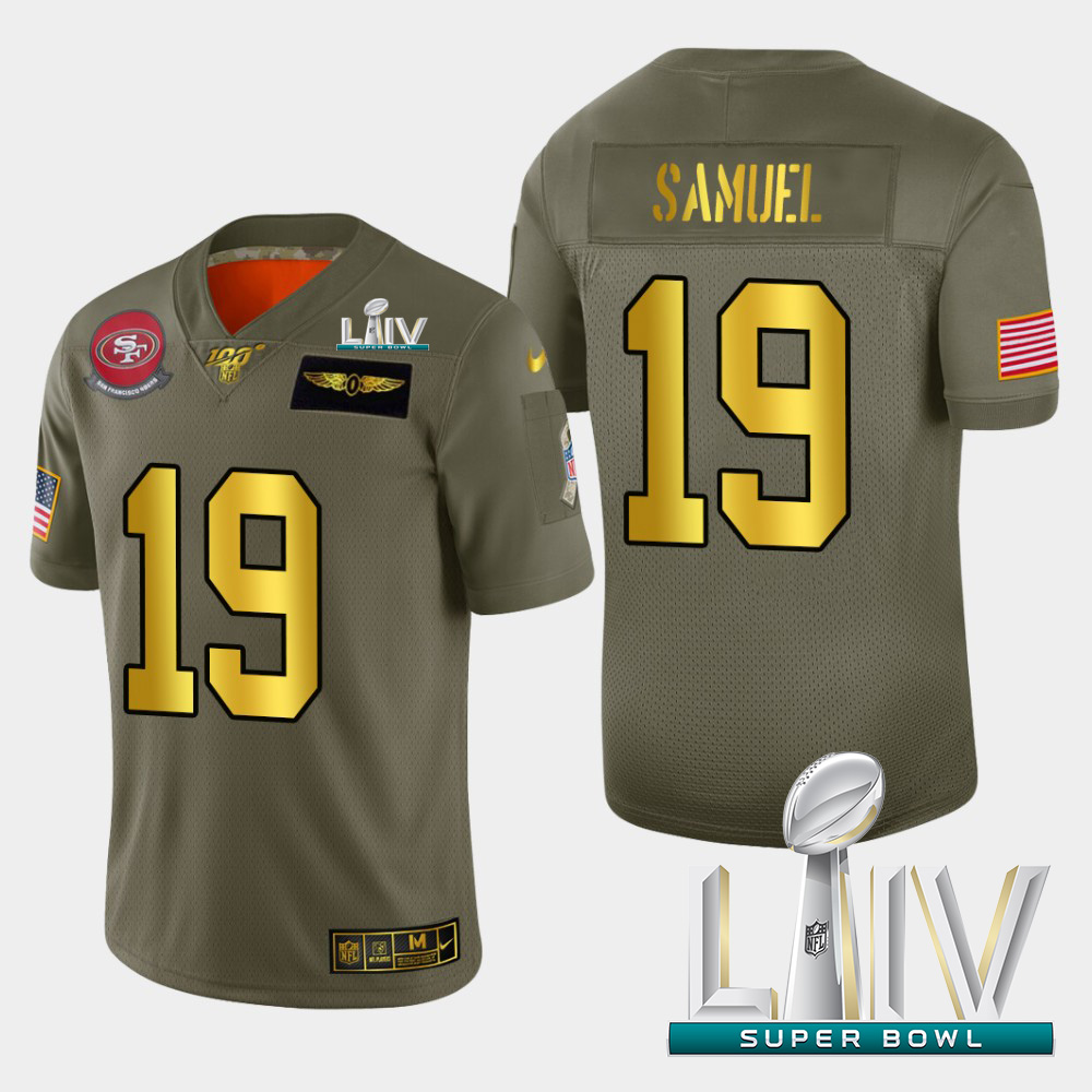 49ers #19 Deebo Samuel Men's Olive Gold Super Bowl LIV 2020 2019 Salute To Service 100 Limited Jersey