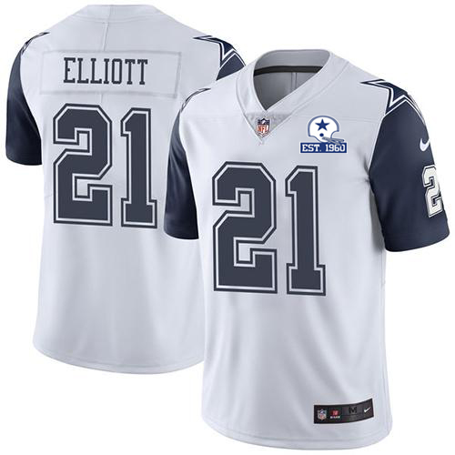Cowboys #21 Ezekiel Elliott White Men's Stitched With Established In 1960 Patch Limited Rush Jersey