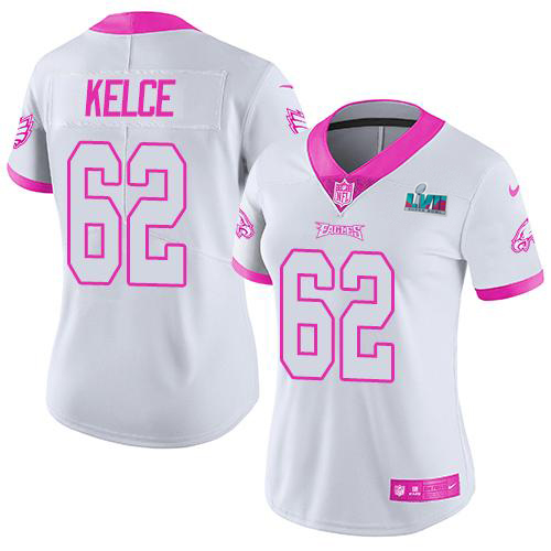 Eagles #62 Jason Kelce White/Pink Super Bowl LVII Patch Women's Stitched Limited Rush Fashion Jersey
