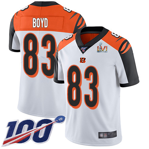 Bengals #83 Tyler Boyd White Super Bowl LVI Patch Youth Stitched 100th Season Vapor Limited Jersey