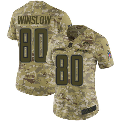 Los Angeles Chargers #80 Kellen Winslow Camo Women's Stitched Limited 2018 Salute to Service Jersey Womens