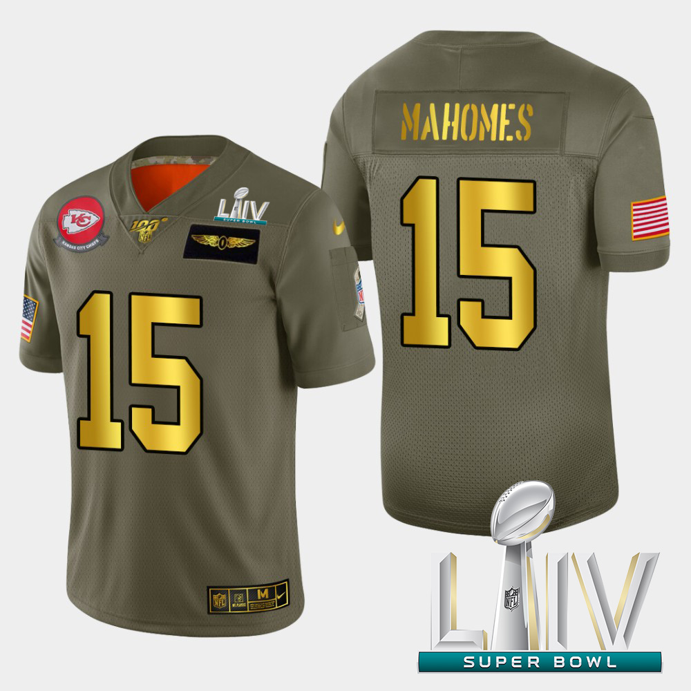 Kansas City Chiefs #15 Patrick Mahomes Men's Olive Gold Super Bowl LIV 2020 2019 Salute To Service Limited 100 Jersey