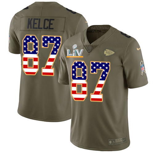 Chiefs #87 Travis Kelce Olive/USA Flag Men's Super Bowl LV Bound Stitched Limited 2017 Salute To Service Jersey