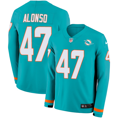 Miami Dolphins #47 Kiko Alonso Aqua Green Team Color Men's Stitched Limited Therma Long Sleeve Jersey Men's