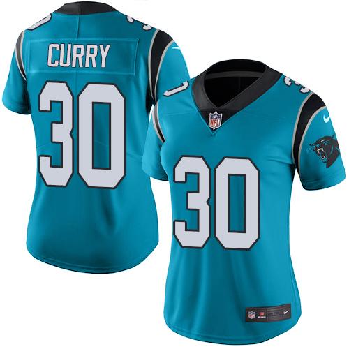 Carolina Panthers #30 Stephen Curry Blue Women's Stitched Limited Rush Jersey Womens