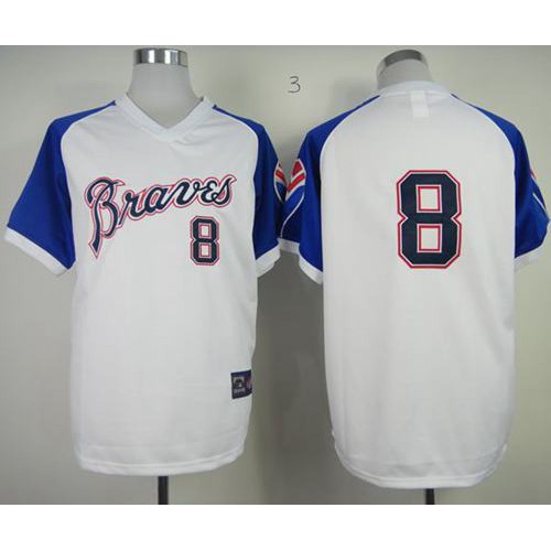 Mitchell And Ness Atlanta Braves #8 Bob Uecker White Throwback Stitched Jersey Men's