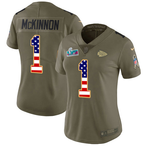 Chiefs #1 Jerick McKinnon Olive/USA Flag Super Bowl LVII Patch Women's Stitched Limited 2017 Salute To Service Jersey