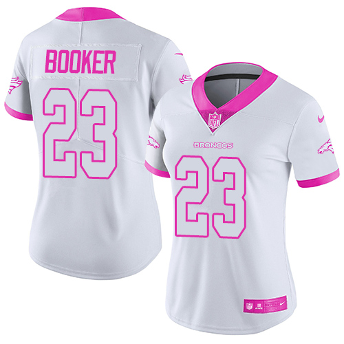 Denver Broncos #23 Devontae Booker White/Pink Women's Stitched Limited Rush Fashion Jersey Womens