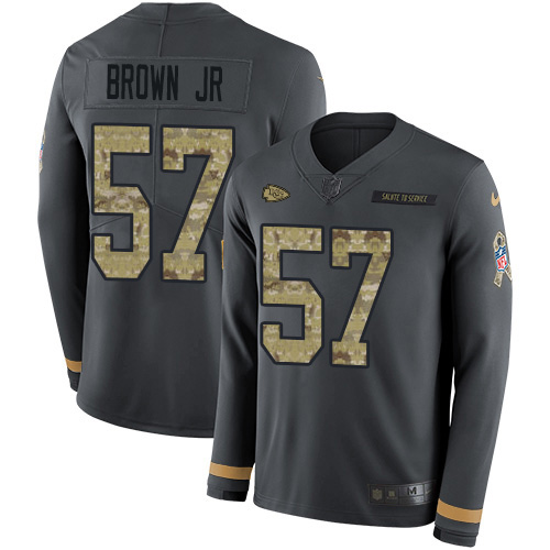 Kansas City Chiefs #57 Orlando Brown Jr. Anthracite Salute to Service Youth Stitched Limited Therma Long Sleeve Jersey Youth