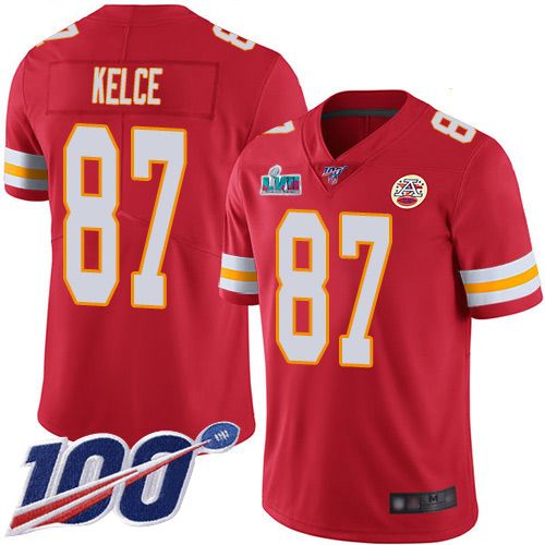 Chiefs #87 Travis Kelce Red Team Color Super Bowl LVII Patch Youth Stitched 100th Season Vapor Limited Jersey