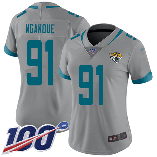 Jacksonville Jaguars #91 Yannick Ngakoue Silver Women's Stitched Limited Inverted Legend 100th Season Jersey Womens