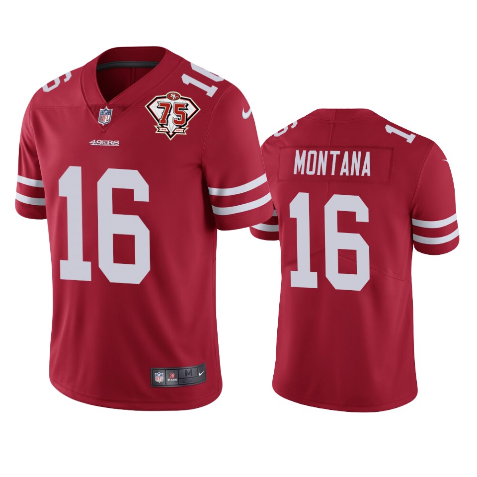49ers #16 Joe Montana Red Youth 75th Anniversary Stitched Vapor Untouchable Limited Jersey