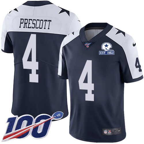 Cowboys #4 Dak Prescott Navy Blue Thanksgiving Men's Stitched With Established In 1960 Patch 100th Season Vapor Untouchable Limited Throwback Jers