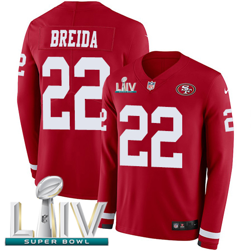 San Francisco 49ers #22 Matt Breida Red Super Bowl LIV 2020 Team Color Youth Stitched Limited Therma Long Sleeve Jersey Youth