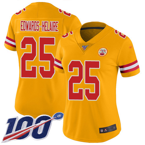Chiefs #25 Clyde Edwards-Helaire Gold Women's Stitched Limited Inverted Legend 100th Season Jersey