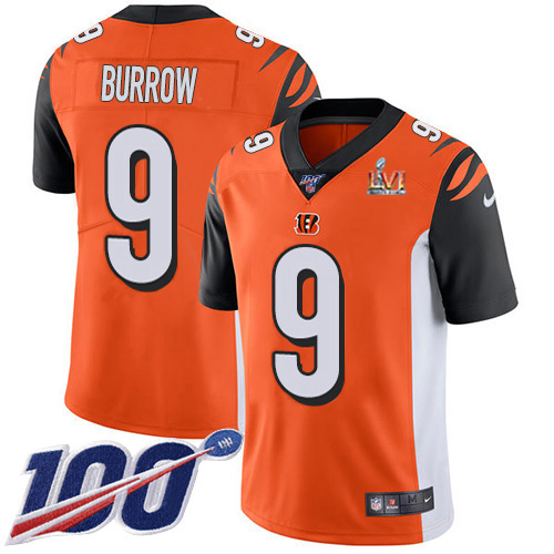 Bengals #9 Joe Burrow Orange Super Bowl LVI Patch Alternate Men's Stitched 100th Season Vapor Limited Jersey