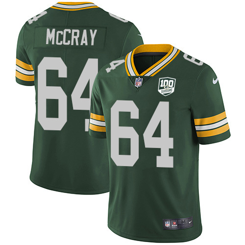 Green Bay Packers #64 Justin McCray Green Team Color Men's 100th Season Stitched Vapor Untouchable Limited Jersey Men's