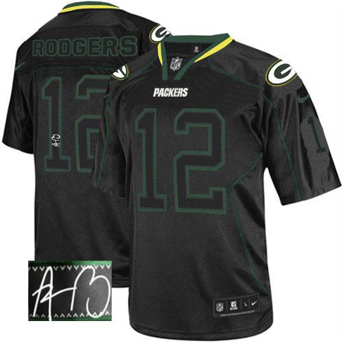 Packers #12 Aaron Rodgers Lights Out Black Men's Stitched Elite Autographed Jersey