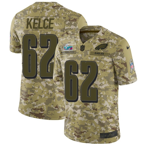 Eagles #62 Jason Kelce Camo Super Bowl LVII Patch Men's Stitched Limited 2018 Salute To Service Jersey