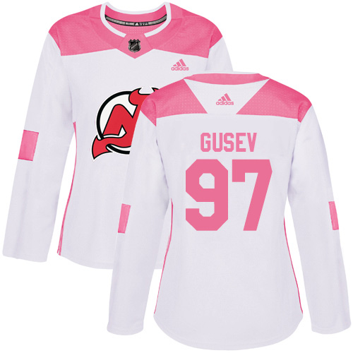 Adidas New Jersey Devils #97 Nikita Gusev White/Pink Authentic Fashion Women's Stitched Jersey Womens