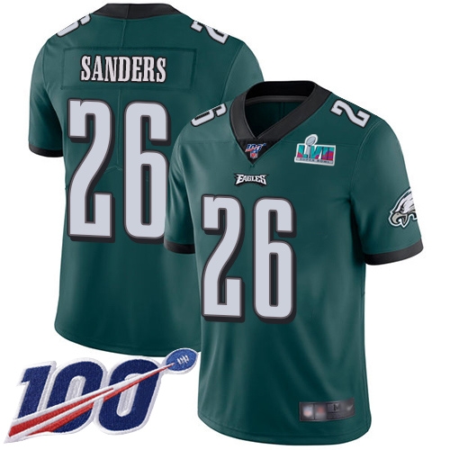 Eagles #26 Miles Sanders Green Team Color Super Bowl LVII Patch Youth Stitched 100th Season Vapor Limited Jersey