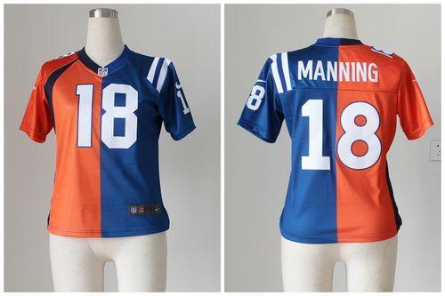 Colts #18 Peyton Manning Orange/Blue Women's Stitched Elite Split Broncos Jersey