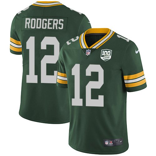 Packers #12 Aaron Rodgers Green Team Color Youth 100th Season Stitched Vapor Untouchable Limited Jersey