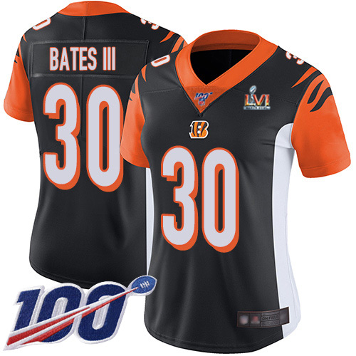Bengals #30 Jessie Bates Black Team Color Super Bowl LVI Patch Women's Stitched 100th Season Vapor Untouchable Limited Jersey