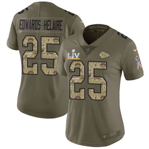 Chiefs #25 Clyde Edwards-Helaire Olive/Camo Women's Super Bowl LV Bound Stitched Limited 2017 Salute To Service Jersey