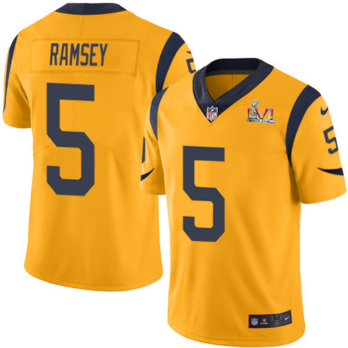 Rams #5 Jalen Ramsey Gold Super Bowl LVI Patch Youth Stitched Limited Rush Jersey