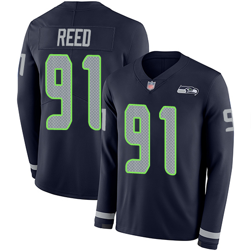 Seattle Seahawks #91 Jarran Reed Steel Blue Team Color Men's Stitched Limited Therma Long Sleeve Jersey Men's
