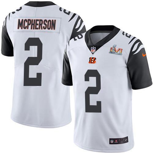 Bengals #2 Evan McPherson White Super Bowl LVI Patch Men's Stitched Limited Rush Jersey