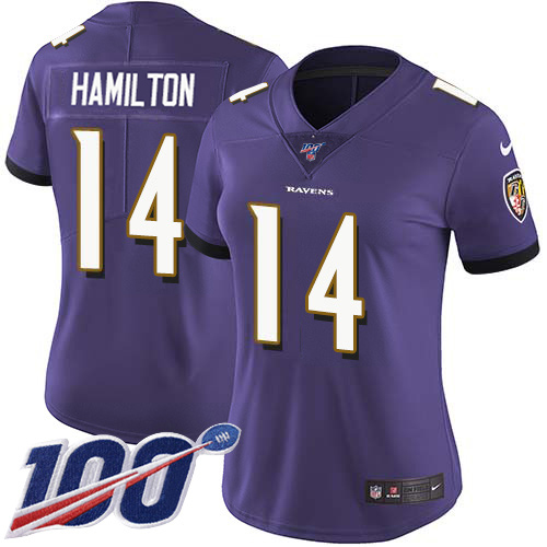 Ravens #14 Kyle Hamilton Purple Team Color Women's Stitched 100th Season Vapor Untouchable Limited Jersey