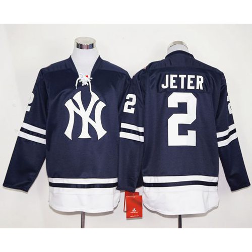 New York Yankees #2 Derek Jeter Navy Blue Long Sleeve Stitched Jersey Men's