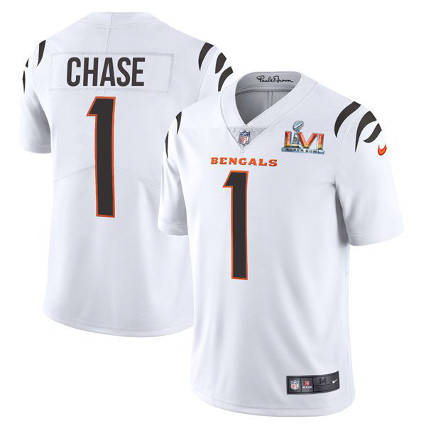 Cincinnati Bengals #1 Ja'Marr Chase White Super Bowl LVI Patch Men's Vapor Limited Jersey