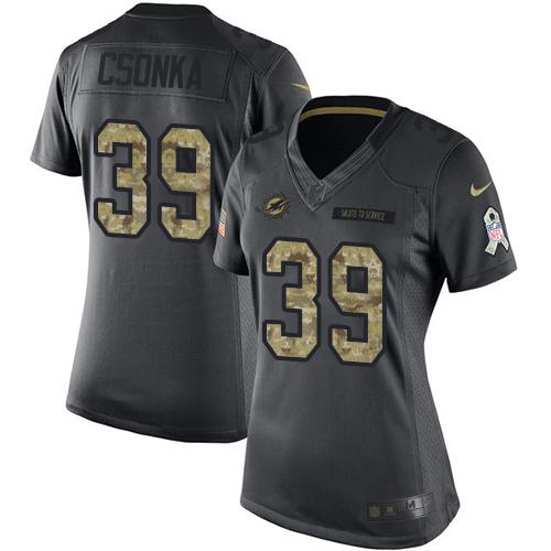 Miami Dolphins #39 Larry Csonka Black Women's Stitched Limited 2016 Salute to Service Jersey Womens
