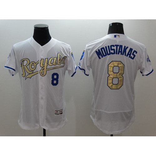Kansas City Royals #8 Mike Moustakas White 2015 World Series Champions Gold Program FlexBase Authentic Stitched Jersey Men's