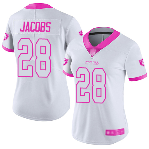 Raiders #28 Josh Jacobs White/Pink Women's Stitched Limited Rush Fashion Jersey
