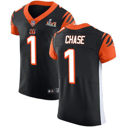 Bengals #1 Ja'Marr Chase Black Team Color Super Bowl LVI Patch Men's Stitched Vapor Untouchable Elite Jersey