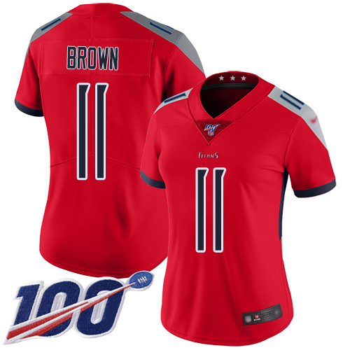 Tennessee Titans #11 A.J. Brown Red Women's Stitched Limited Inverted Legend 100th Season Jersey Womens
