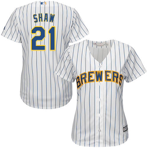 Milwaukee Brewers #21 Travis Shaw White Strip Home Women's Stitched Jersey Womens