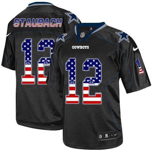 Cowboys #12 Roger Staubach Black Men's Stitched Elite USA Flag Fashion Jersey