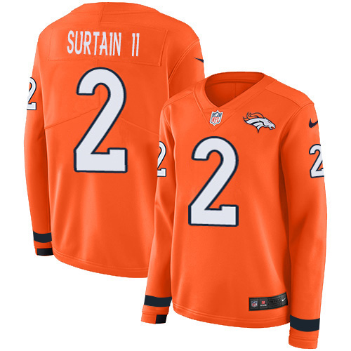 Broncos #2 Patrick Surtain II Orange Team Color Women's Stitched Limited Therma Long Sleeve Jersey