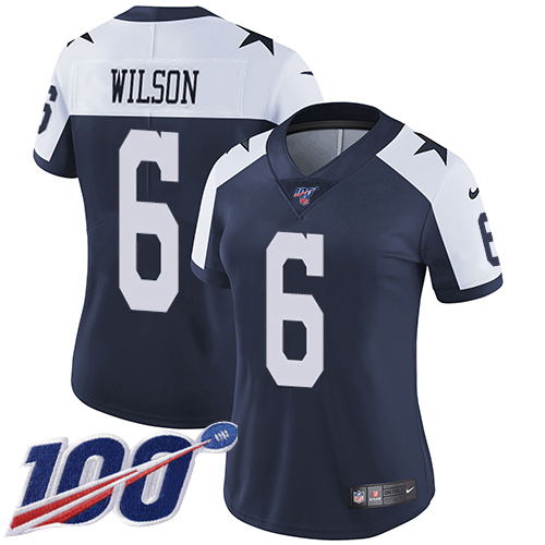 Cowboys #6 Donovan Wilson Navy Blue Thanksgiving Women's Stitched 100th Season Vapor Throwback Limited Jersey
