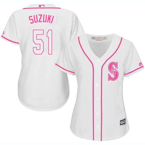 Seattle Mariners #51 Ichiro Suzuki White/Pink Fashion Women's Stitched Jersey Womens