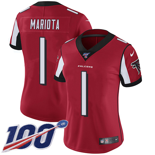 Falcons #1 Marcus Mariota Red Team Color Stitched Women's 100th Season Vapor Untouchable Limited Jersey