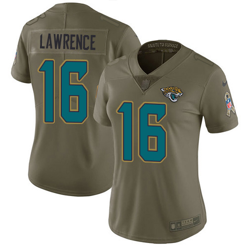 Jaguars #16 Trevor Lawrence Olive Women's Stitched Limited 2017 Salute To Service Jersey